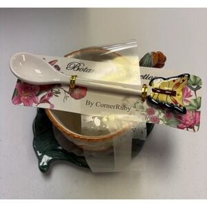 Corner Ruby Garden Collection 3pc Flower Cup & Leaf Saucer with Butterfly Spoon